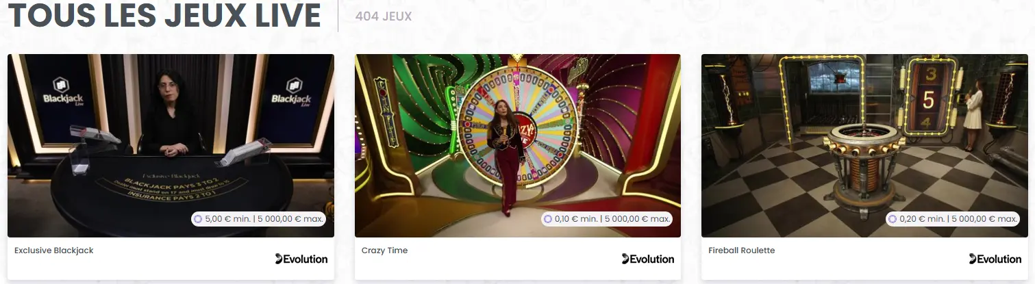 jeux de casino en direct sur Madnix Casino